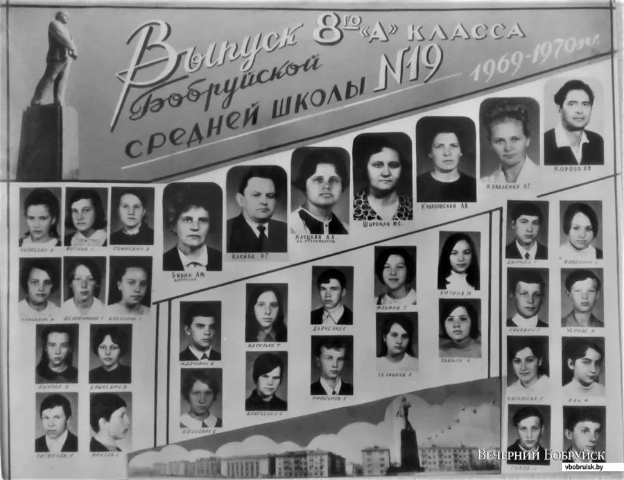 1970 год. Выпуск 8-А класса СШ №19. Женя Булова в нижнем ряду второй слева. В профиль, потому что с фингалом.