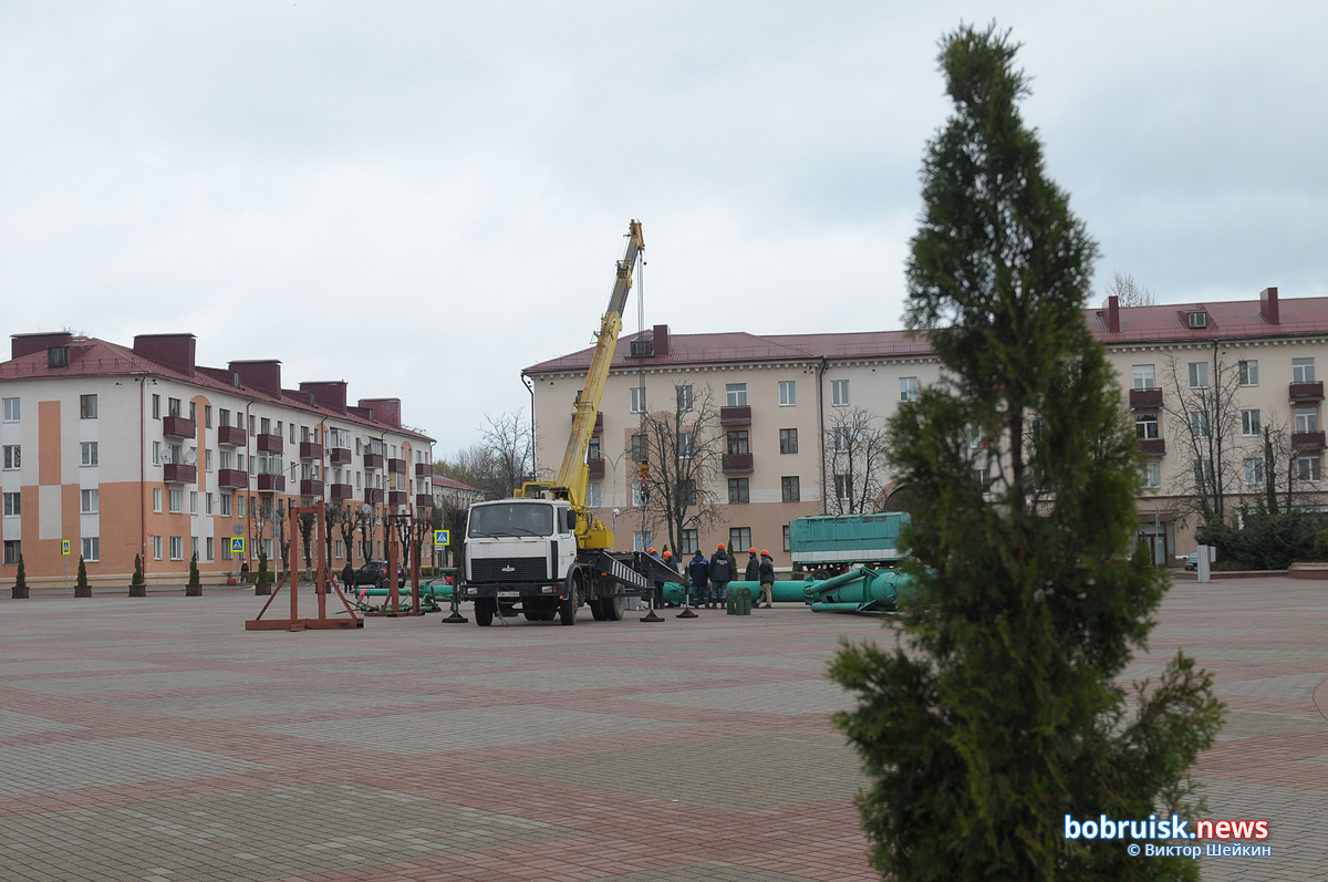 На главной площади Бобруйска начинают монтировать елку. Фотофакт