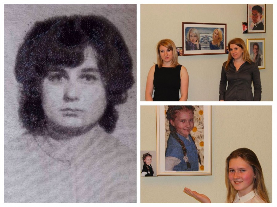 Вышитые портреты Аллой Шилкиной-Великановой: портрет мамы, подруг и крестницы мужа.