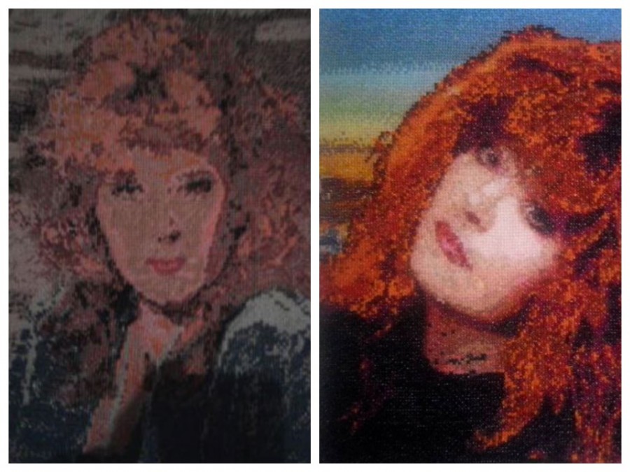 Вышитые портреты Аллой Шилкиной-Великановой. Два портрета Аллы Пугачевой: слева – по схеме из интернета, справа – по схеме, созданной Аллой.