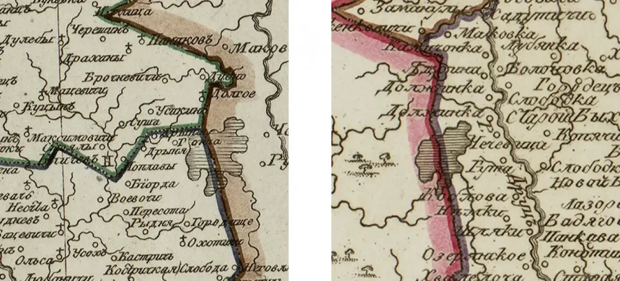 Карты Минской (слева) и Белорусской (справа) губерний 1797-1800 годов.