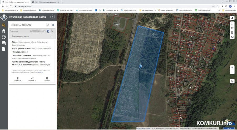 Участок, выделенный под кладбище Ломы-1 отмечен синим цветом. Скриншот с карты Национального кадастрового агентства.