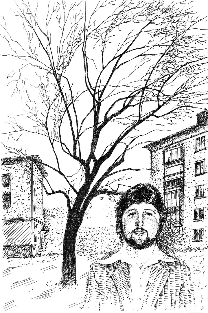 Фарберов и названное его именем дерево в скверике возле бывшего кафе «Березка». Рисунок Юрия Нестерука, 2017 год.
