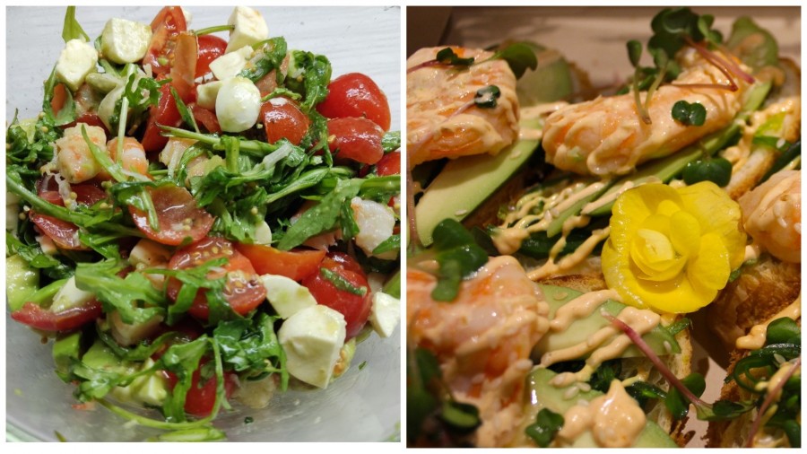 Новогодний стол: салат с креветками и брускетты с сырным соусом