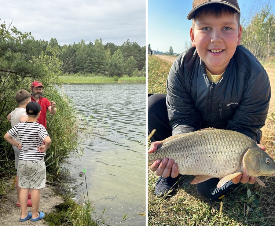 Отец с детьми на рыбалке.