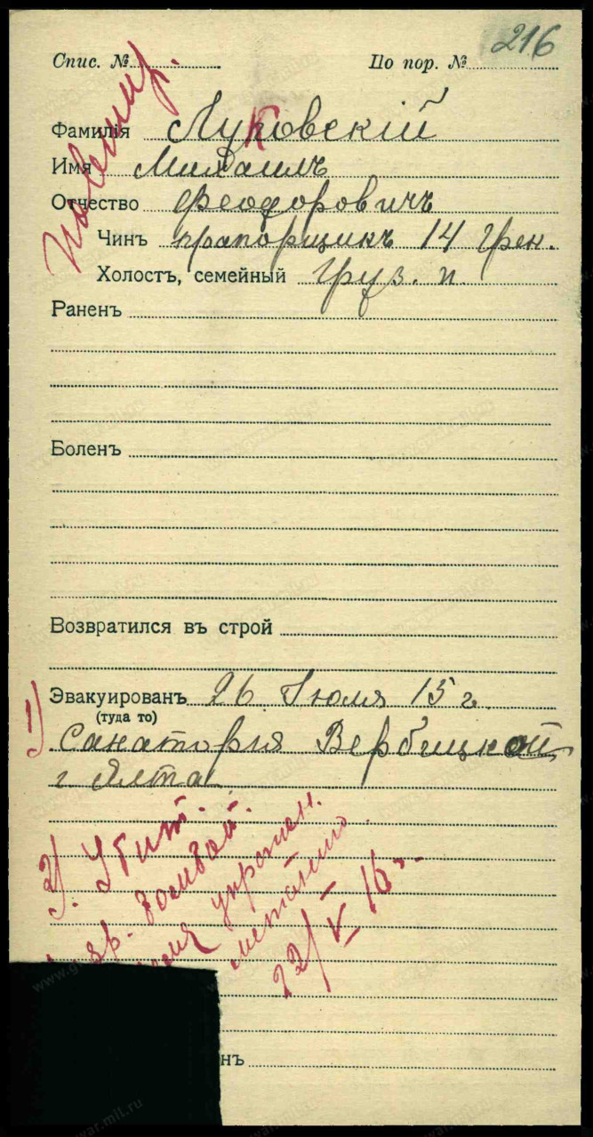 Документ о ранении и смерти Михаила Луковского с сайта gwar.mil.ru.