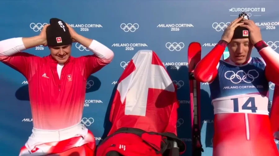 9.02.2026, Олимпийские игры. Франьё фон Альмен и Танги Неф (Швейыцария) ждут когда их обгонят (не дождались). Кадр с трансляции