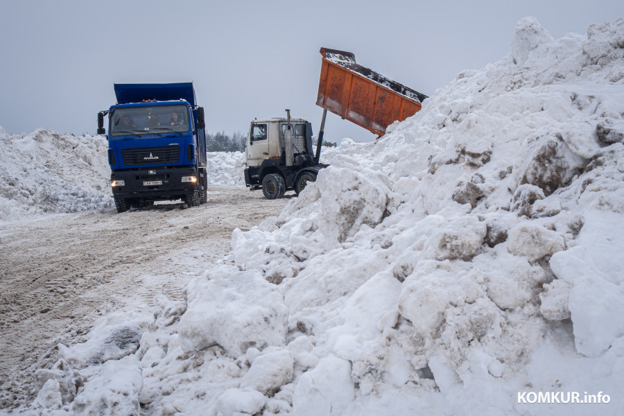 26.01.2026. Ленинский район, Бобруйск. Снег из города свозят на площадку временного складирования в районе поселка Керамичный