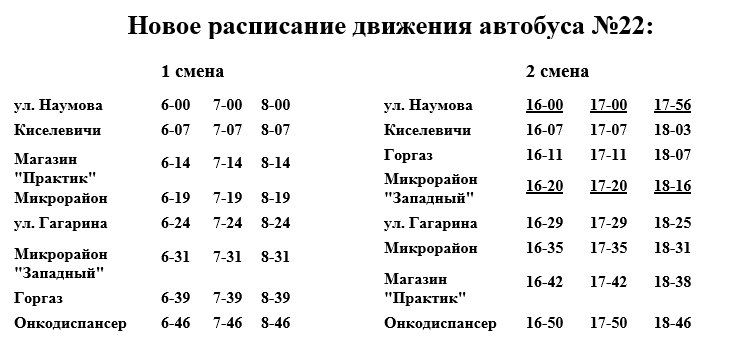 Расписание движения автобуса №22.