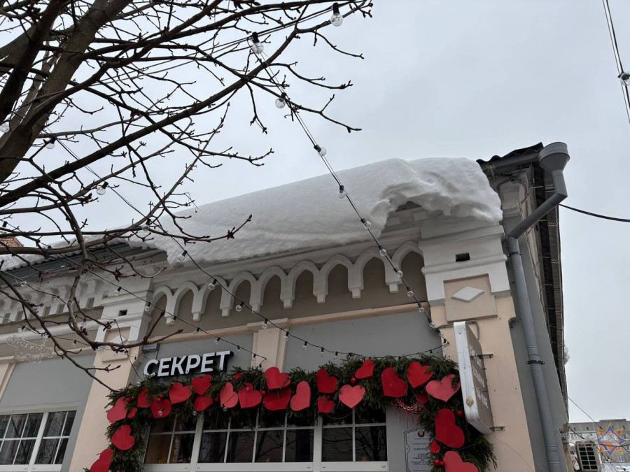 14 февраля 2026 года. На улице Социалистической в Бобруйске в результате падения снега с кровли женщина получила травму. Фото: МЧС.